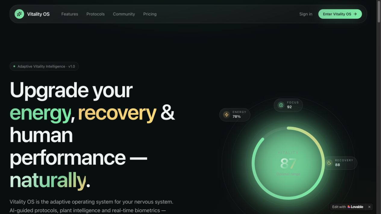 Vitality OS adaptive health and performance interface